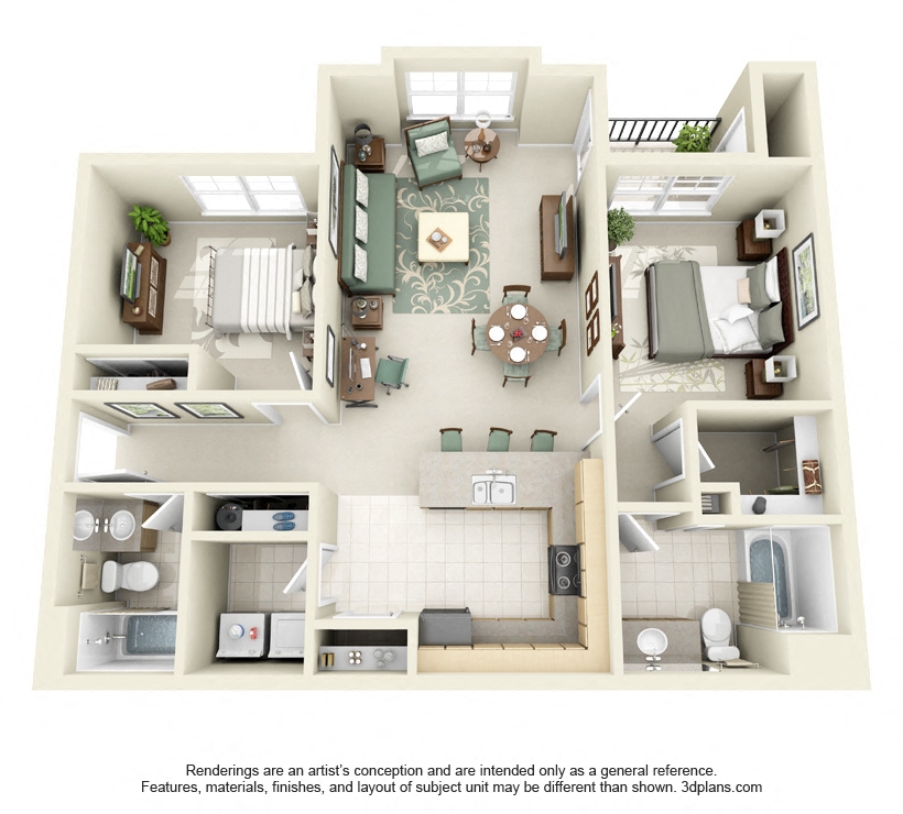 Floor plan for 2 beds, 2 baths, 1023 sqft